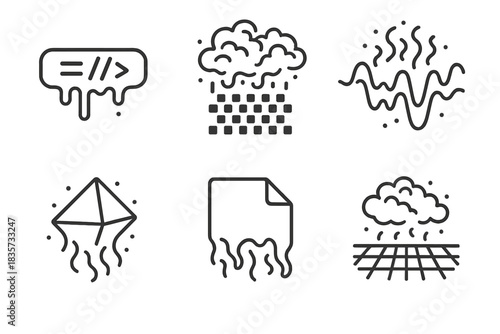 Vapor Data Icons. Line style icons of Vapor Data: melting code line, fog over pixel grid, evaporating waveform, fading holographic
