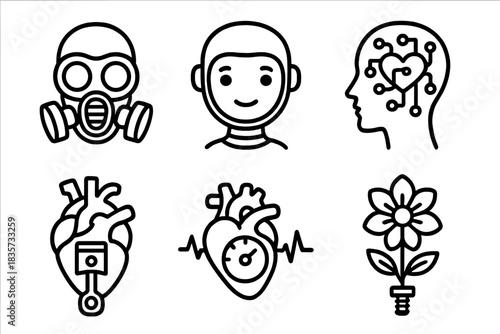 Human Mechanica Icons. Line style icons of Human Mechanica: breathing gear system, soft-eyed robot face, emotional circuit flow,