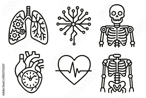 Cybernetic Anatomy Icons. Line style icons of Cyber Anatomy: gear-filled lungs, mechanical veins, glowing neural web, robotic