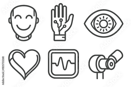 Soulful Robotics Icons. Line style icons of Soulful Robotics: smiling metal mask, hand with warm circuit, eye with light core,