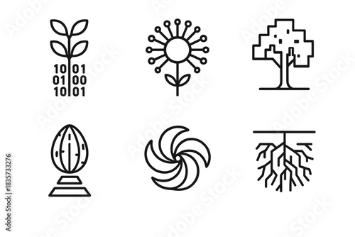Digital Botany Icons. Line style icons of Digital Botany: binary stem, data bloom ring, pixelated tree crown, holographic seed pod