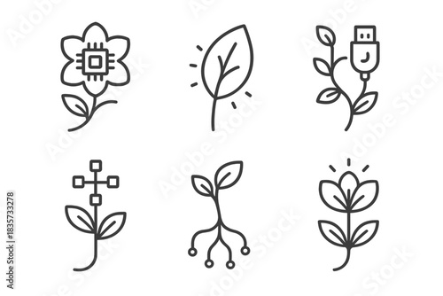 Tech Bloom Icons. Line style icons of Tech Bloom: flower with microchip center, glowing leaf edge, vine through USB plug,