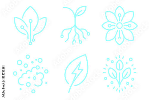 Electric Garden Icons. Line style icons of Electric Garden: glowing petal circuit, cable roots spreading, digital flower bloom,