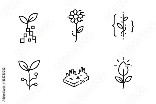 Pixel Growth Icons. Line style icons of Pixel Growth: sprout with data squares, flower glitching slightly, dotted stem code,