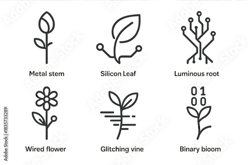 Synthetic Nature Icons. Line style icons of Synthetic Nature: metal stem with living bud, silicon leaf curve, luminous root