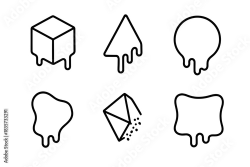 Liquid Geometry Icons. Line style icons of Liquid Geometry: melting cube shape, dripping triangle edge, fluid circle outline,
