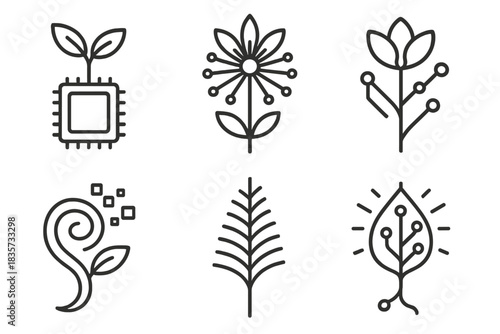 Bio-Digital Flora Icons. Line style icons of Bio-Digital Flora: chip-based sprout, radiating data flower, electric petal node,