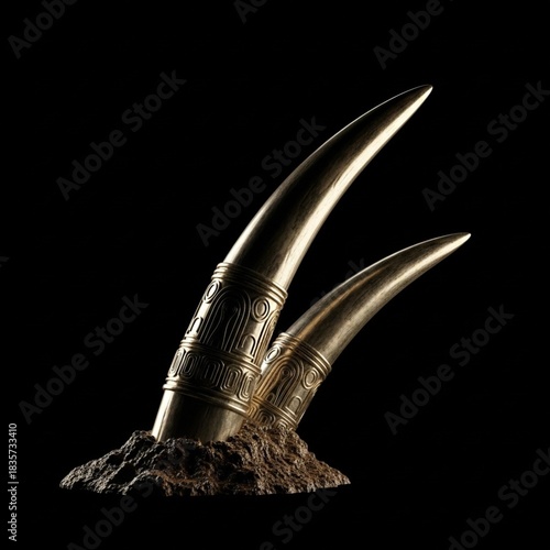 Mystic Engraved Horn Artifact Emerging from Dark Soil on Black Background

