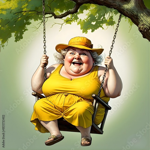 Happy Older Woman in Yellow Dress Relaxing on Swing under Tree in Summer Garden

