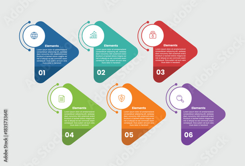 6 elements infographic comparison diagram with round triangle arrow with circle badge on top side with dot line style 6 step for slide presentation