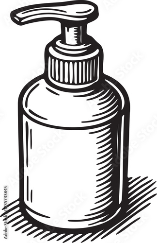 Bold marker style illustration of a pump soap dispenser bottle for hygiene and cosmetic packaging