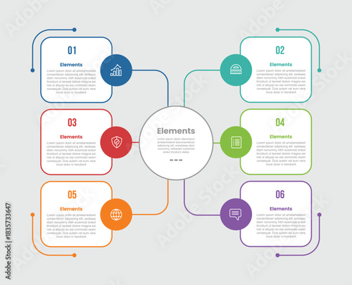 6 elements infographic comparison diagram with big circle center connected with round square box spreading with dot line style 6 step for slide presentation