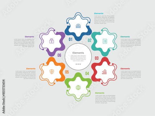 6 elements infographic comparison diagram with circular round star with circle center with dot line style 6 step for slide presentation