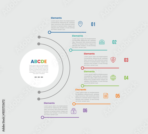 6 elements infographic comparison diagram with big circle with half content list with line divider stacked with dot line style 6 step for slide presentation
