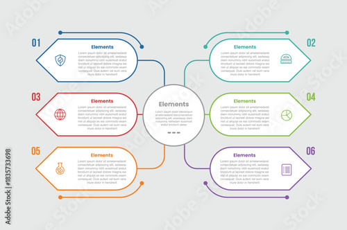 6 elements infographic comparison diagram with big circle center with arrow box container line connected with dot line style 6 step for slide presentation