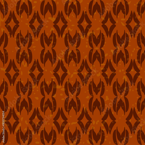 seamless vertical repeat pattern with abstract stylized motif resembling symmetrical geometric flora design uses two shades of brown ideal for textiles digital backgrounds wrapping paper vector