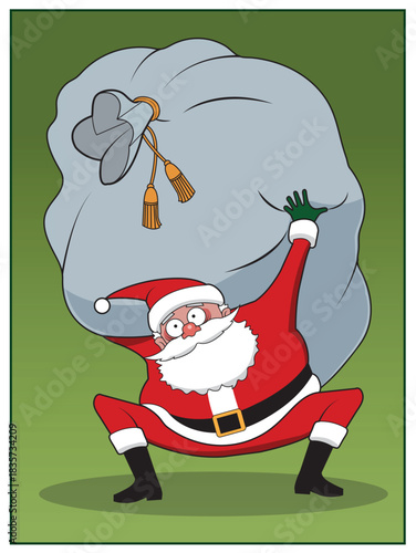 Santa Clause lifts a giant stack of gifts,