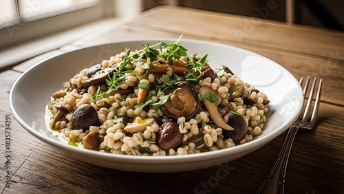 Hearty pearl barley and mushroom dish garnished with fresh thyme and olive oil