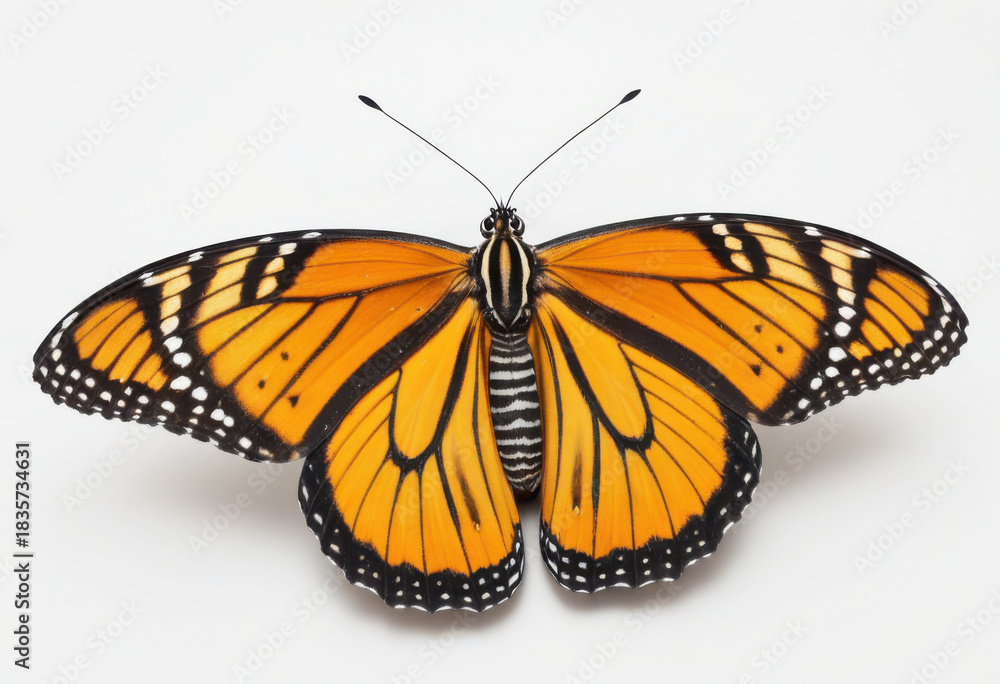 Fototapeta premium Tiger Mimic-Queen butterfly with open wings, top view on white background, macro photography, rainforest species