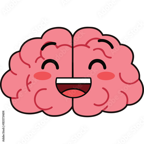 Cheerful pink brain character with smiling face and blush cheeks isolated on black background cartoon style