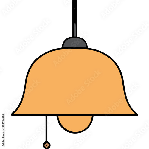 Classic Amber Bell Shaped Pendant Light Fixture With Pull Chain On A Black Background With Warm Illumination