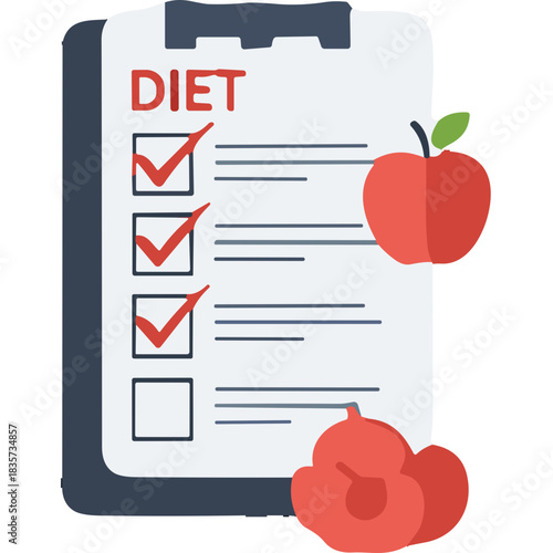 Diet Plan Checklist with Red Apple and Sliced Fruit on Clipboard Simple Flat Design Vector Illustration Healthy Lifestyle Concept
