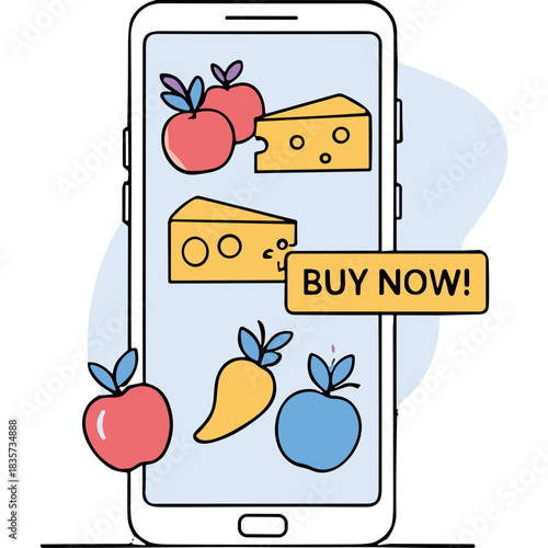 Digital Grocery Shopping App On Smartphone Displaying Fresh Apples Carrots And Cheese With Buy Now Button A Convenient Way To Order Food Online