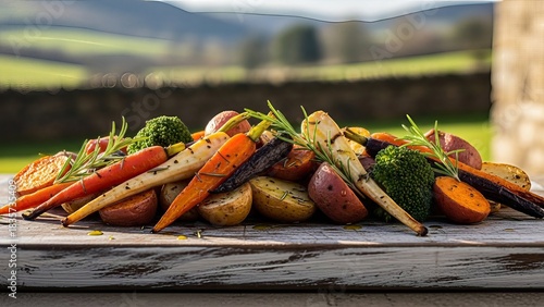 Rustic culinary presentation of roasted root vegetables on a weathered board scenic backdrop