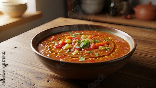 Fototapeta Naklejka Na Ścianę i Meble -  Rustic lentil soup brimming with garden vegetables and aromatic spices on wooden surface