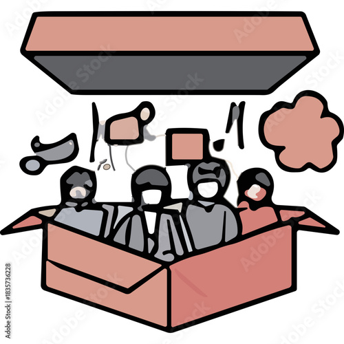 Diverse Group Of People Piled Inside A Cardboard Box Underneath A Large Lid Illustrating Overcrowding And Containment In A Stylized Minimalist Cartoon Aesthetic With Muted Pink And Gray Tones