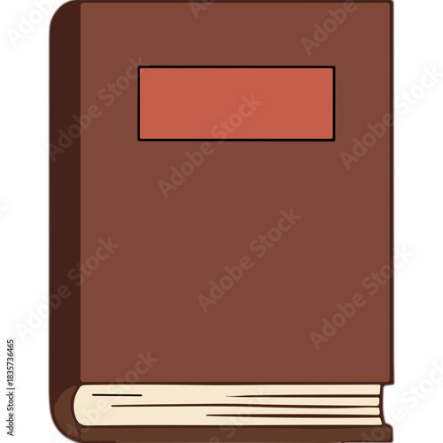 Closed Brown Hardcover Book with Blank Red Label on Cover and Cream Pages Isolated on Black Background Simple Vector Illustration
