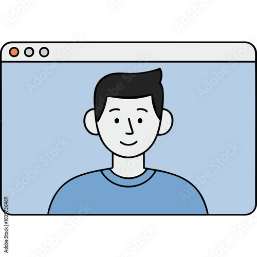 Close Up Portrait Of A Young Man With Short Black Hair Smiling And Wearing A Light Blue Crew Neck T Shirt In A Simple Digital Video Call Window With A Light Blue Background And Minimalist Design