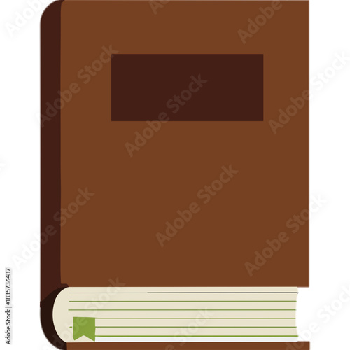 Closed Brown Hardcover Book with Green Bookmark and Dark Brown Label on Cover Isolated on Black Background Represents Knowledge and Reading