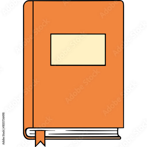 Closed orange book with a light yellow rectangular label on the cover and a red bookmark tab peeking out from the bottom on a black background