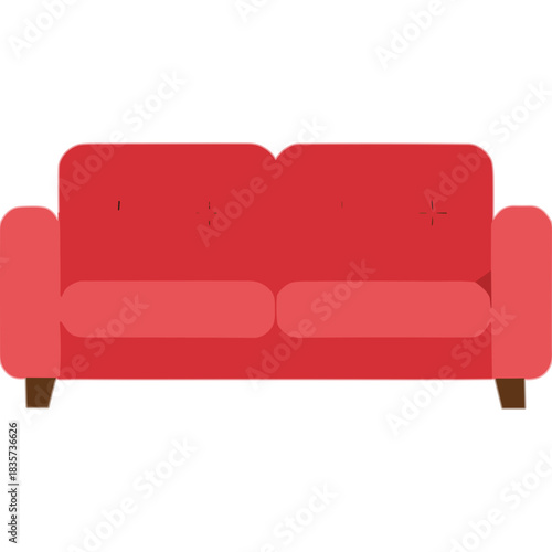 Comfortable Red Sofa with Two Cushions and Brown Legs Minimalist Flat Design Isolated on Black Background
