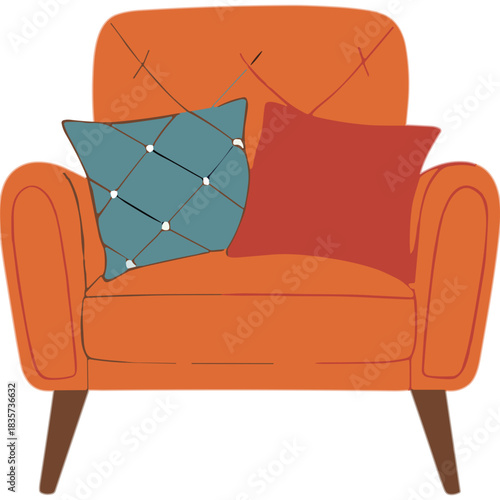 Comfortable Orange Armchair With Two Decorative Pillows Teal And Red On Black Background Clean Design Cozy Home Furniture Modern Style