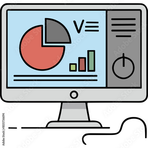 Computer Monitor Displaying Pie Chart Bar Graph and Power Button Graphic With Light Blue Screen and Gray Bezel Against A Black Background