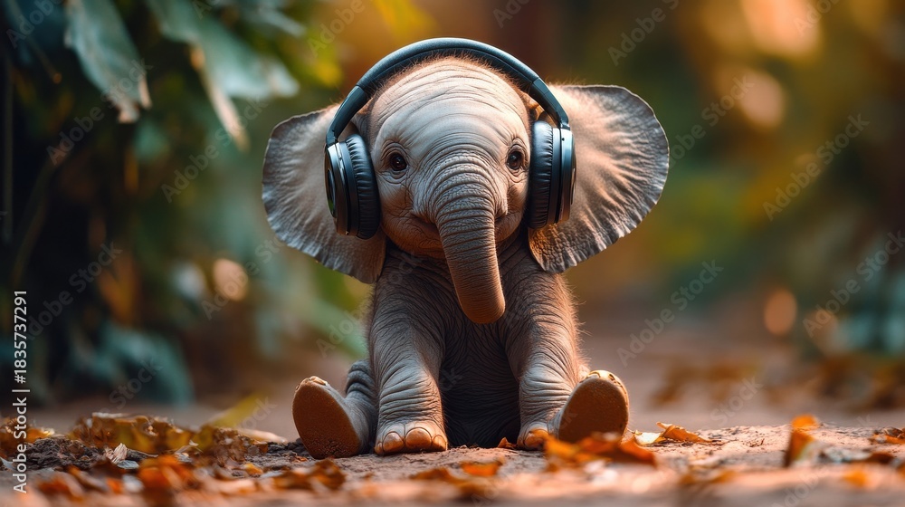 Obraz premium Cute baby elephant with big headphones 