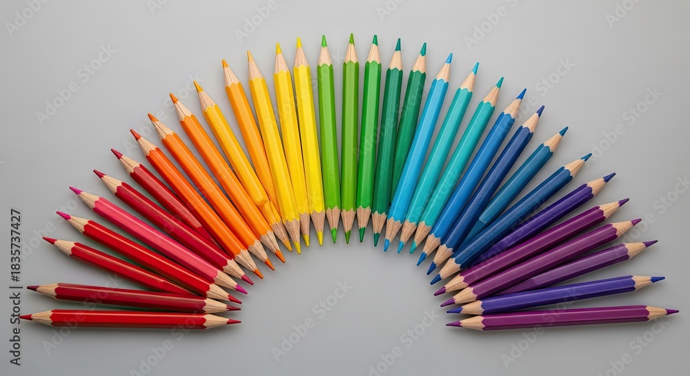 Obraz premium Colorful semicircle composition of sharpened color pencils creating vibrant artistic arrangement