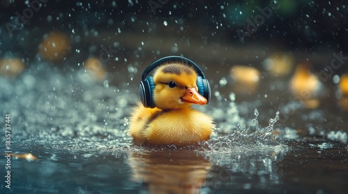 Duckling in puddle with music headphones 