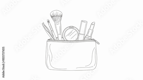 Minimalist cosmetic pouch sketch with makeup brushes, lipsticks, and a compact mirror drawing