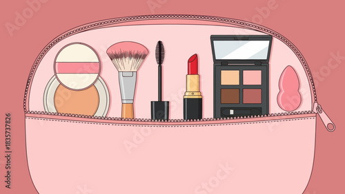 Illustration of pink makeup bag filled with essential beauty products accessories drawing