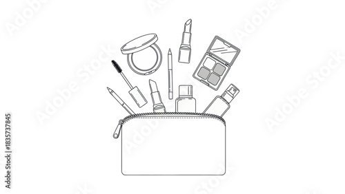 Elegant beauty essentials spilling from a chic cosmetic bag in a delicate line art style