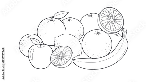 Line art illustration of a colorful fruit selection with an apple, oranges, lemon and banana