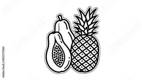 Exotic duo: Stylized monochrome depiction of papaya and pineapple contours illustration