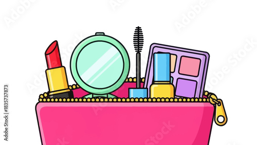 Colorful cartoon illustration of a cosmetic bag with makeup items on a white background