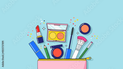 Cosmetic glamour beauty products essentials set, illustration of makeup collection background