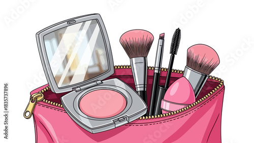 Artistic rendering of a vibrant pink makeup bag filled with essential cosmetic items and tools