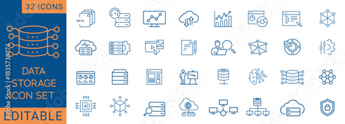 Modern data storage flat icon set featuring cloud computing, encrypted files, server racks, hosting systems, monitoring dashboards, and cybersecurity elements. Ideal for IT services, apps.