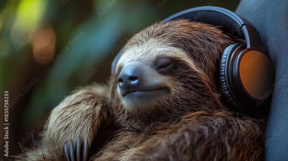 Naklejka premium Sleepy but happy sloth with music headphones